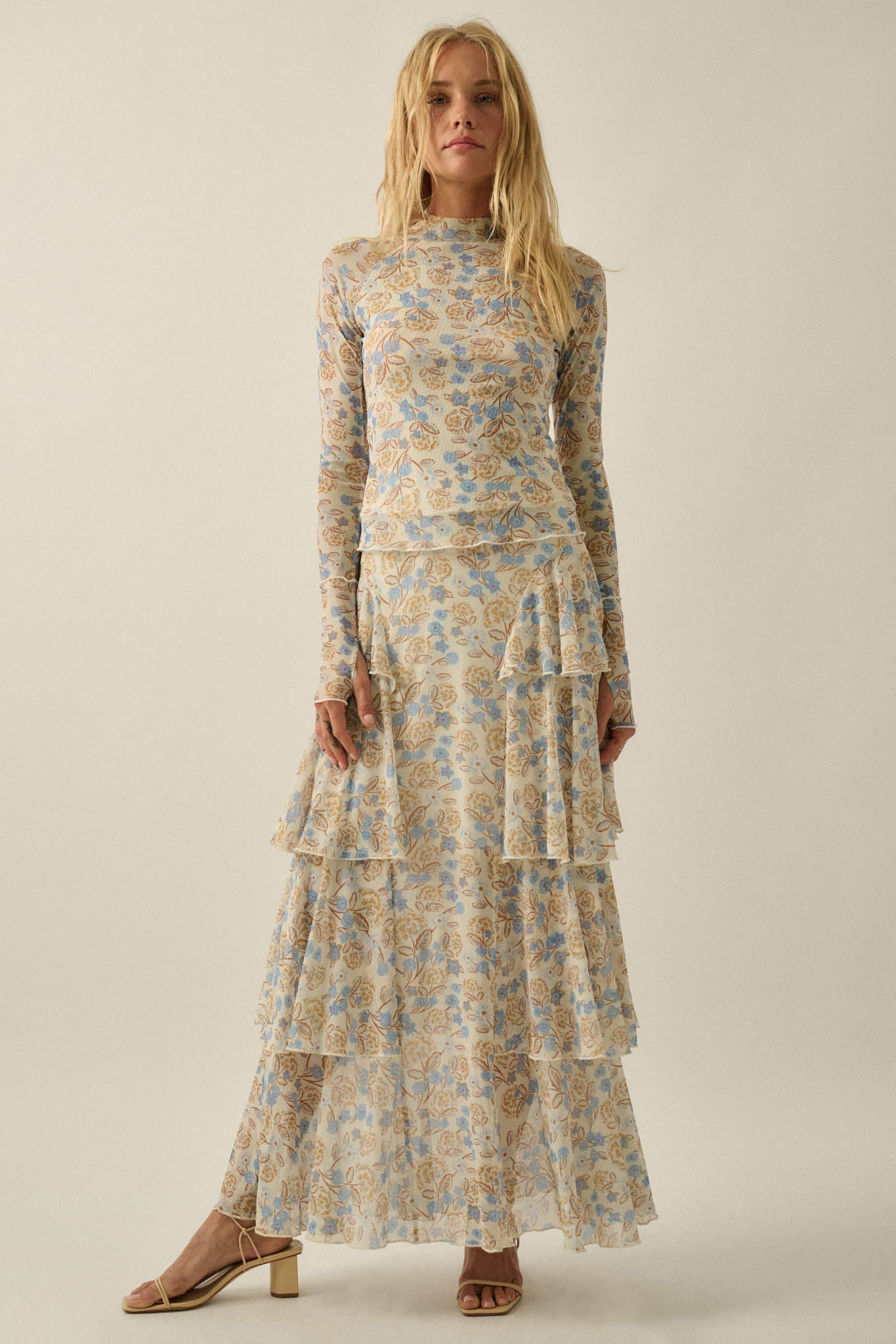 Ruffled Petals Floral Mesh Cascade Maxi Skirt