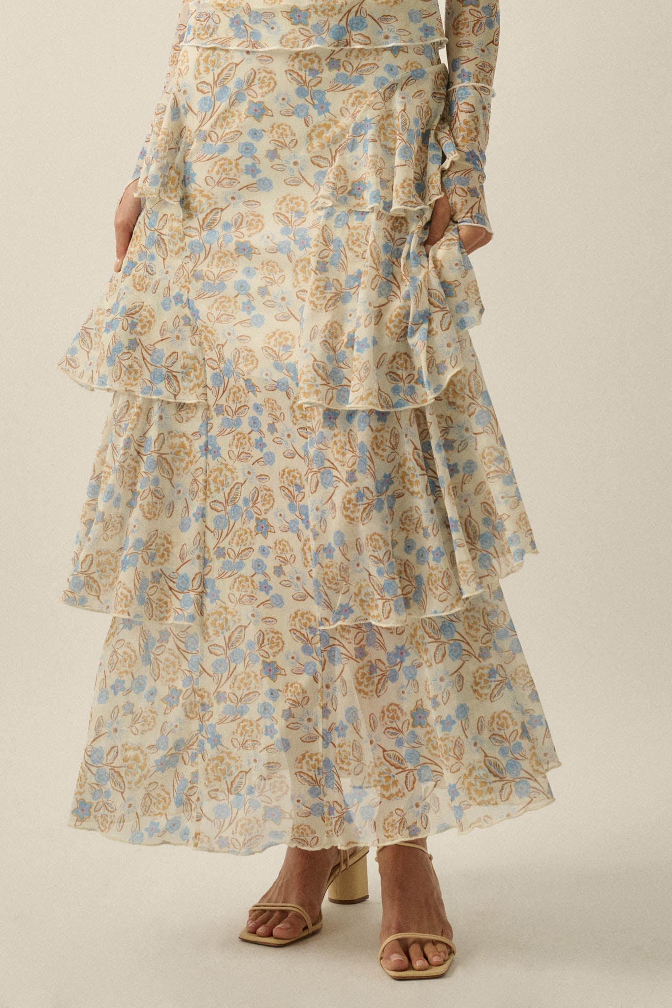 Ruffled Petals Floral Mesh Cascade Maxi Skirt