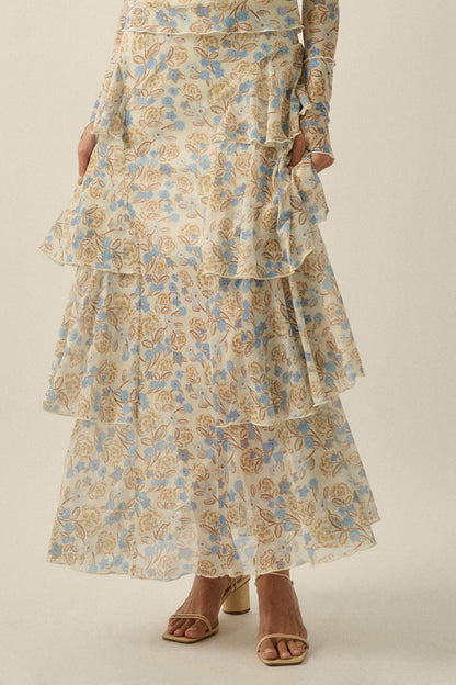 Ruffled Petals Floral Mesh Cascade Maxi Skirt