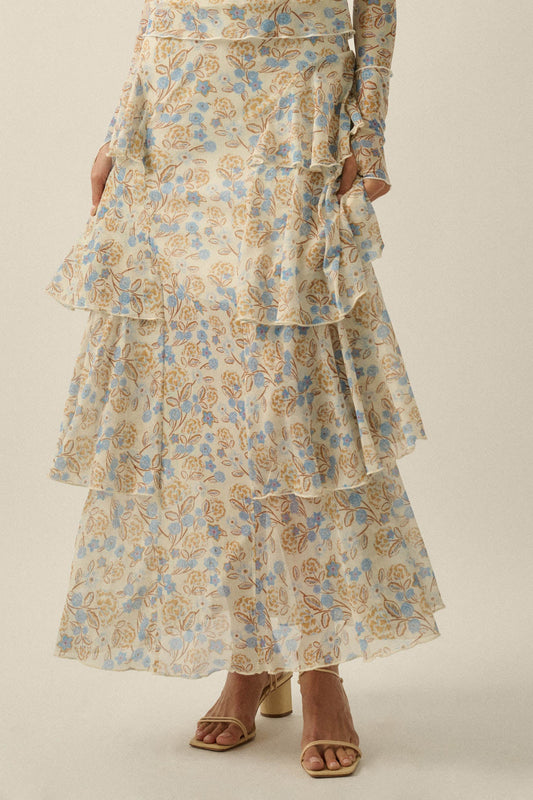 Ruffled Petals Floral Mesh Cascade Maxi Skirt