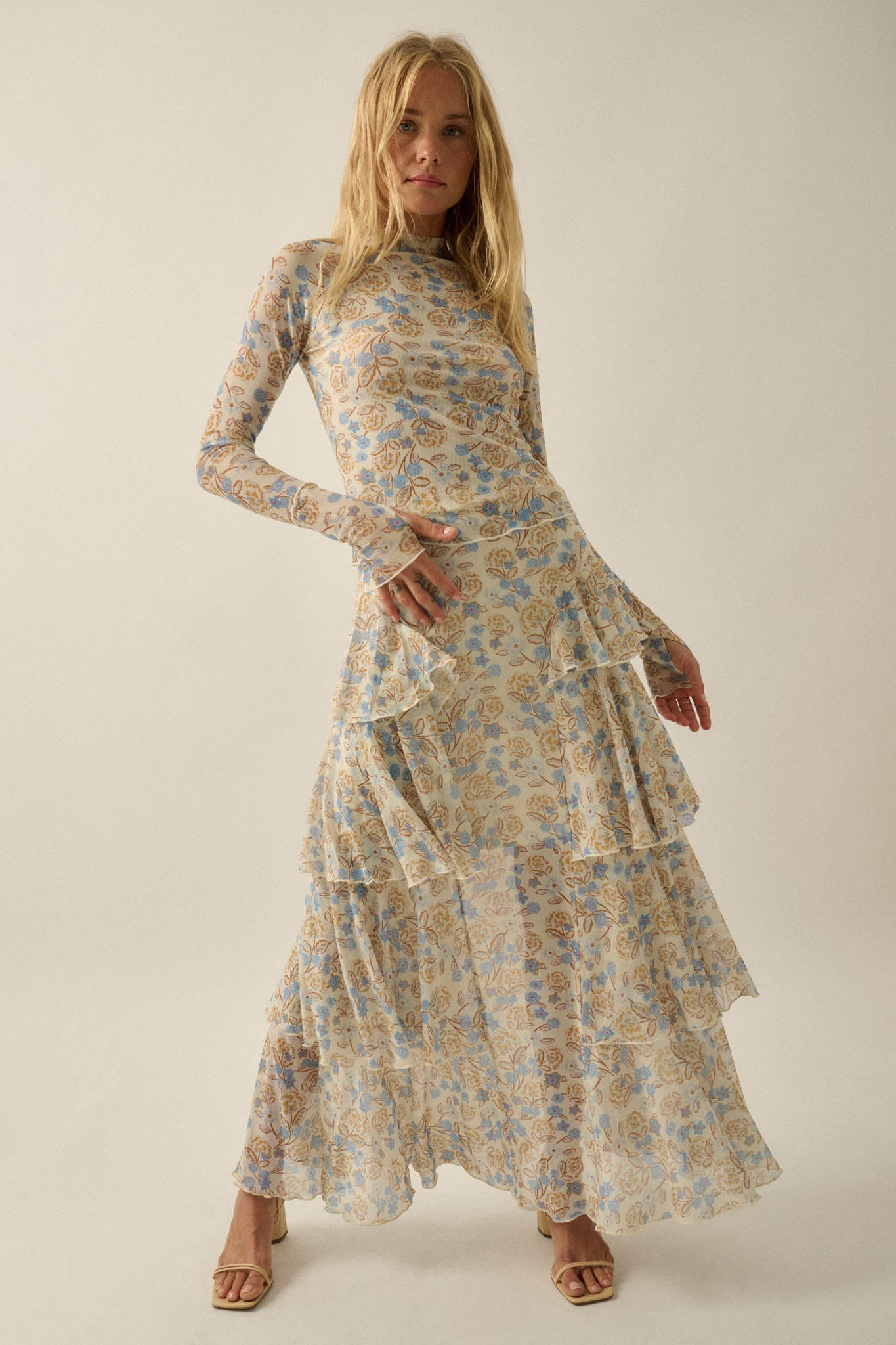 Ruffled Petals Floral Mesh Cascade Maxi Skirt