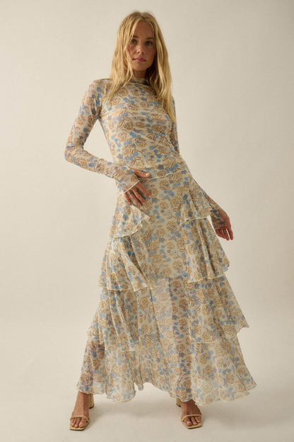 Ruffled Petals Floral Mesh Cascade Maxi Skirt