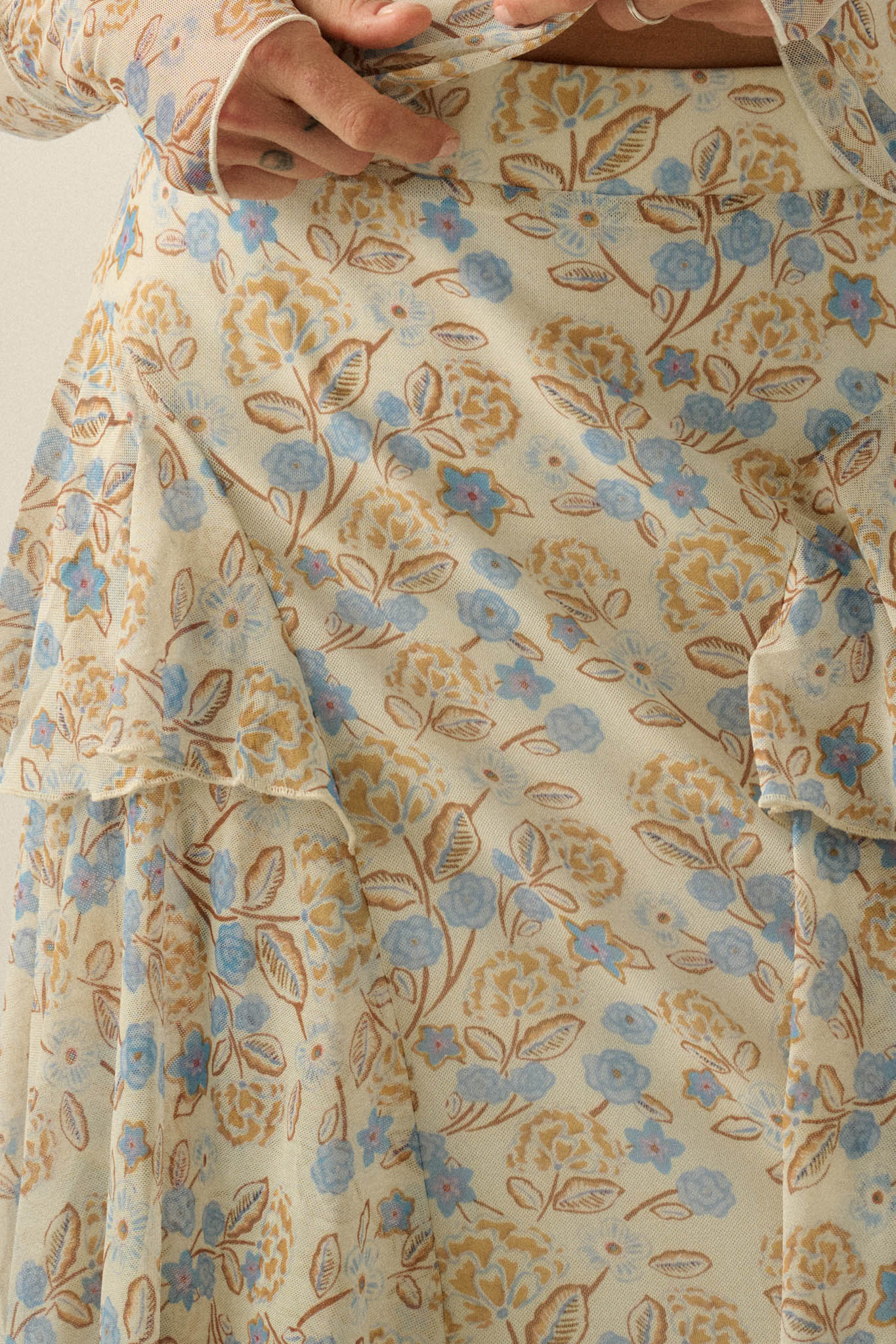 Ruffled Petals Floral Mesh Cascade Maxi Skirt