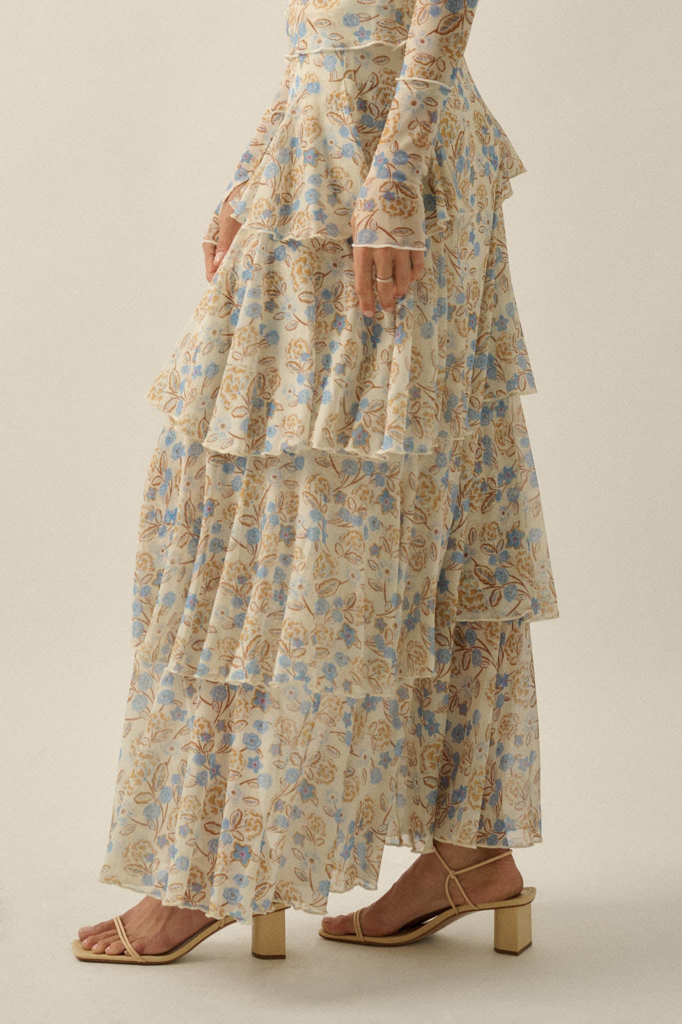Ruffled Petals Floral Mesh Cascade Maxi Skirt