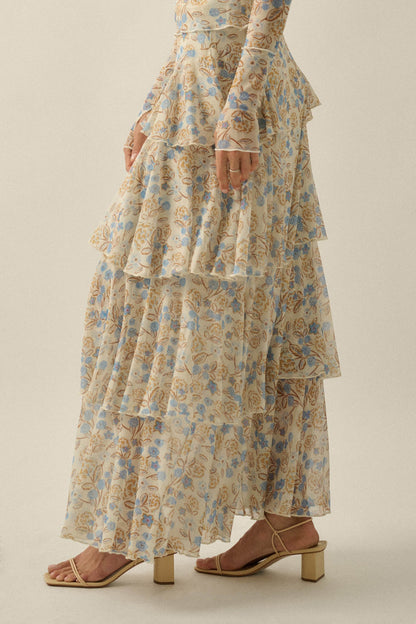 Ruffled Petals Floral Mesh Cascade Maxi Skirt