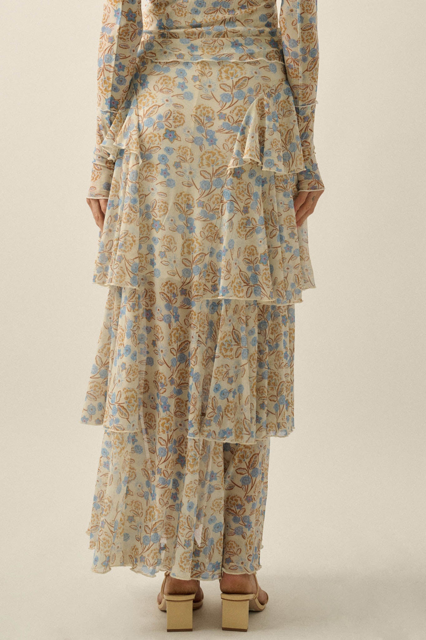 Ruffled Petals Floral Mesh Cascade Maxi Skirt