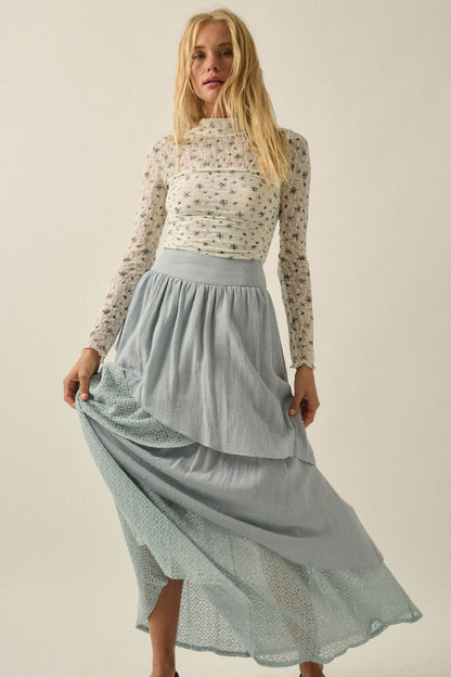 Flow Free Tiered Cotton Gauze and Lace Maxi Skirt