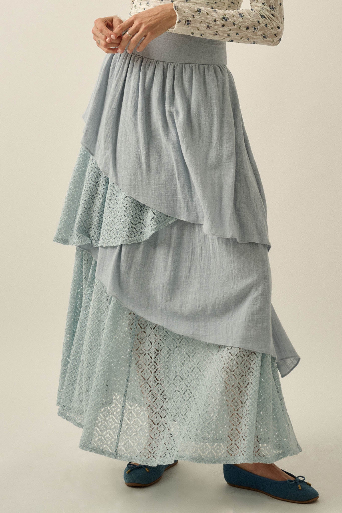 Flow Free Tiered Cotton Gauze and Lace Maxi Skirt