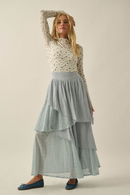 Flow Free Tiered Cotton Gauze and Lace Maxi Skirt
