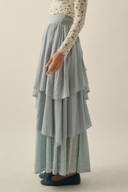 Flow Free Tiered Cotton Gauze and Lace Maxi Skirt