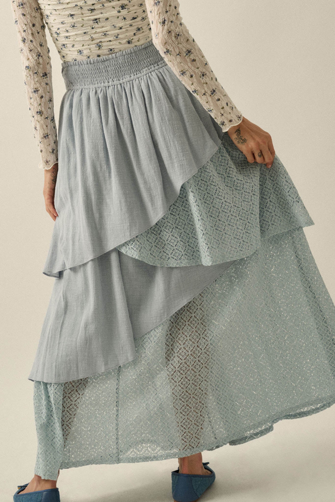 Flow Free Tiered Cotton Gauze and Lace Maxi Skirt