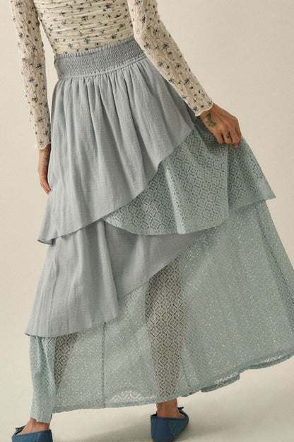 Flow Free Tiered Cotton Gauze and Lace Maxi Skirt