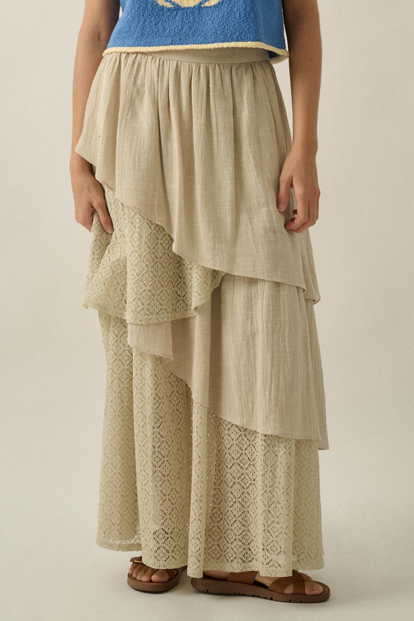 Flow Free Tiered Cotton Gauze and Lace Maxi Skirt