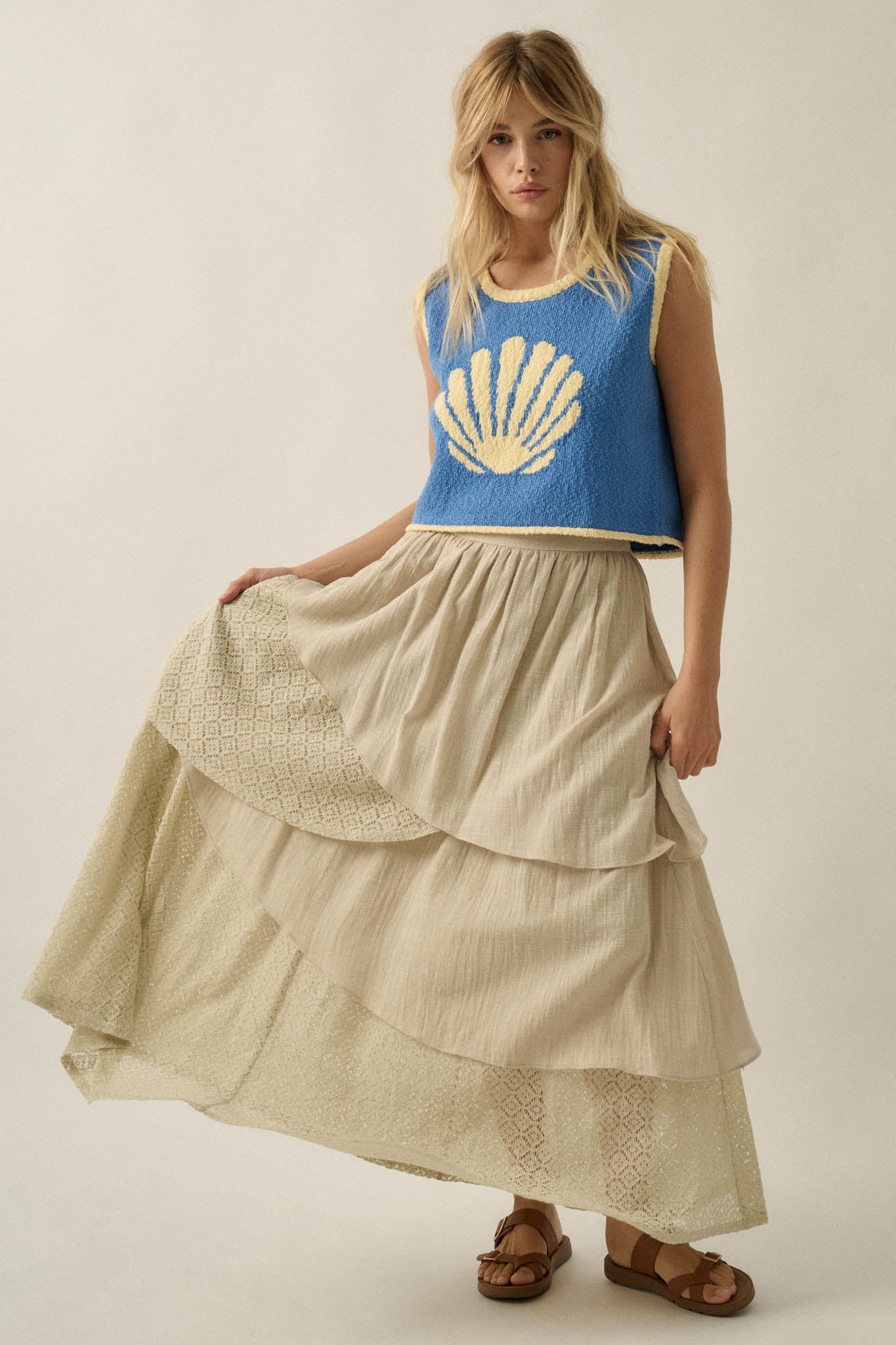 Flow Free Tiered Cotton Gauze and Lace Maxi Skirt