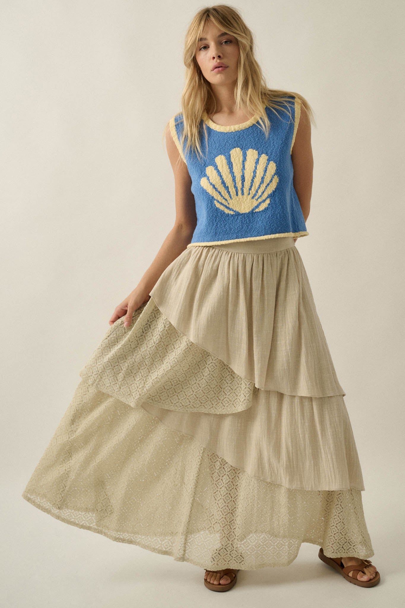 Flow Free Tiered Cotton Gauze and Lace Maxi Skirt