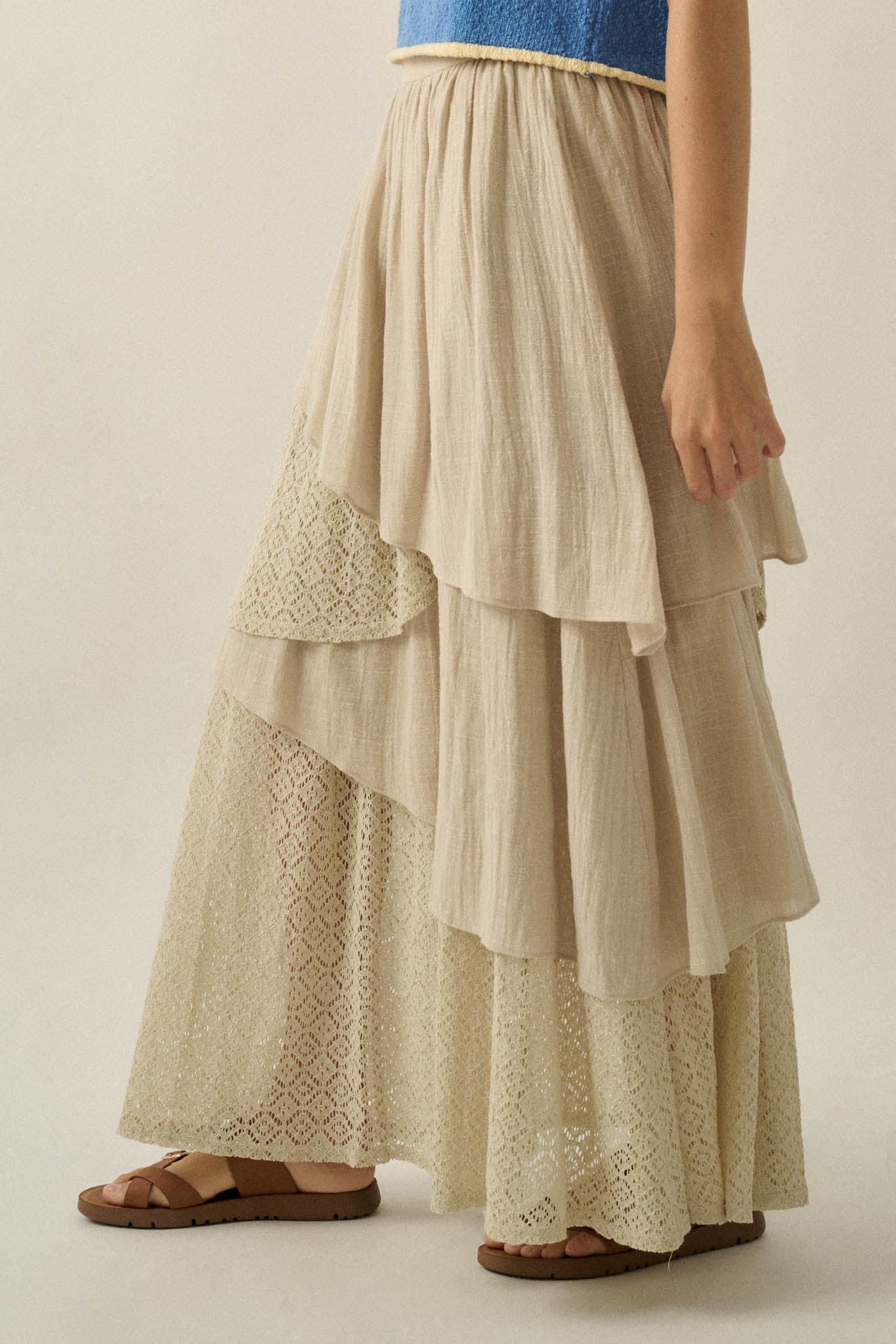 Flow Free Tiered Cotton Gauze and Lace Maxi Skirt