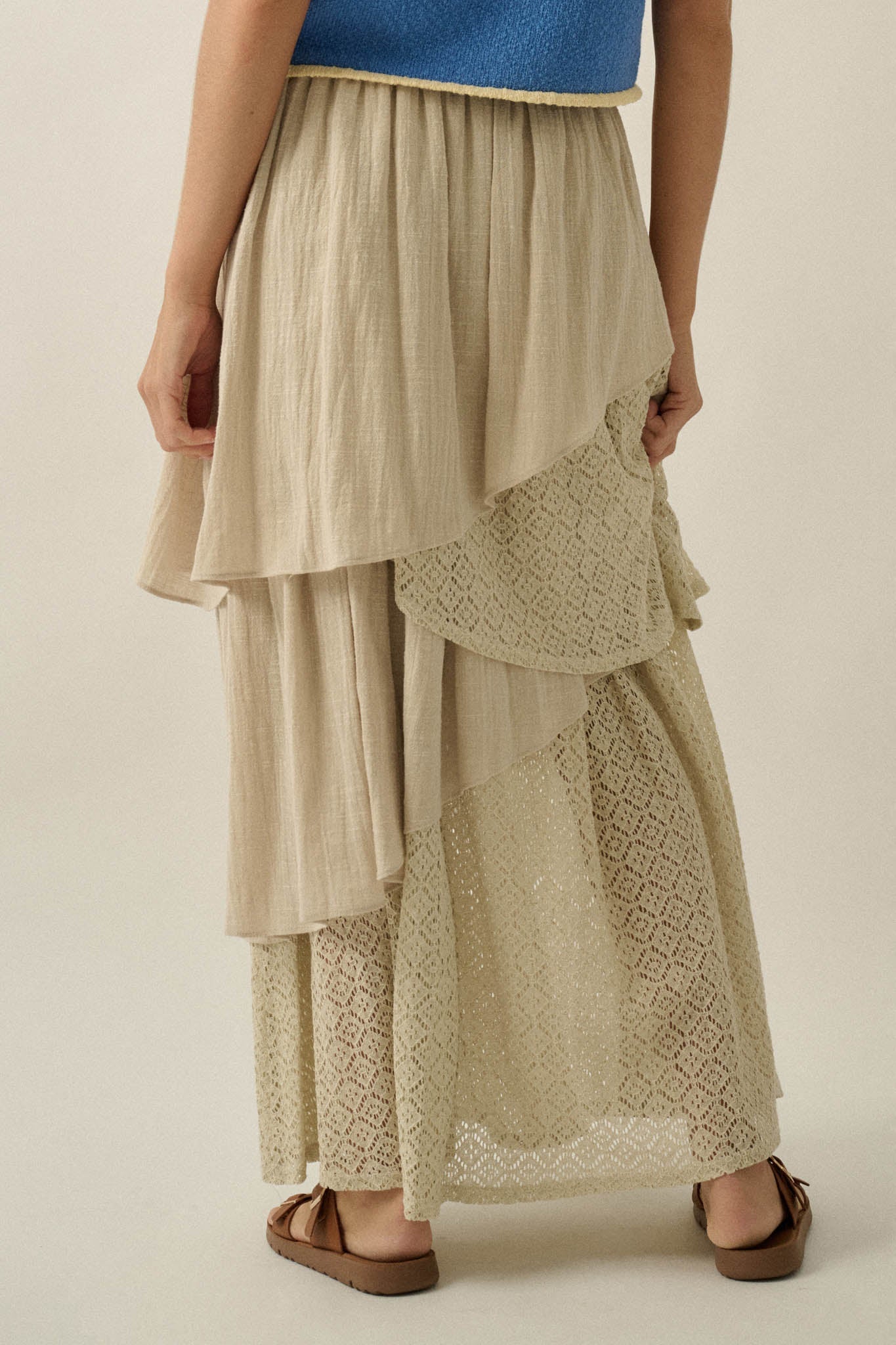 Flow Free Tiered Cotton Gauze and Lace Maxi Skirt