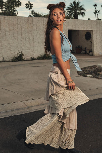 Flow Free Tiered Cotton Gauze and Lace Maxi Skirt
