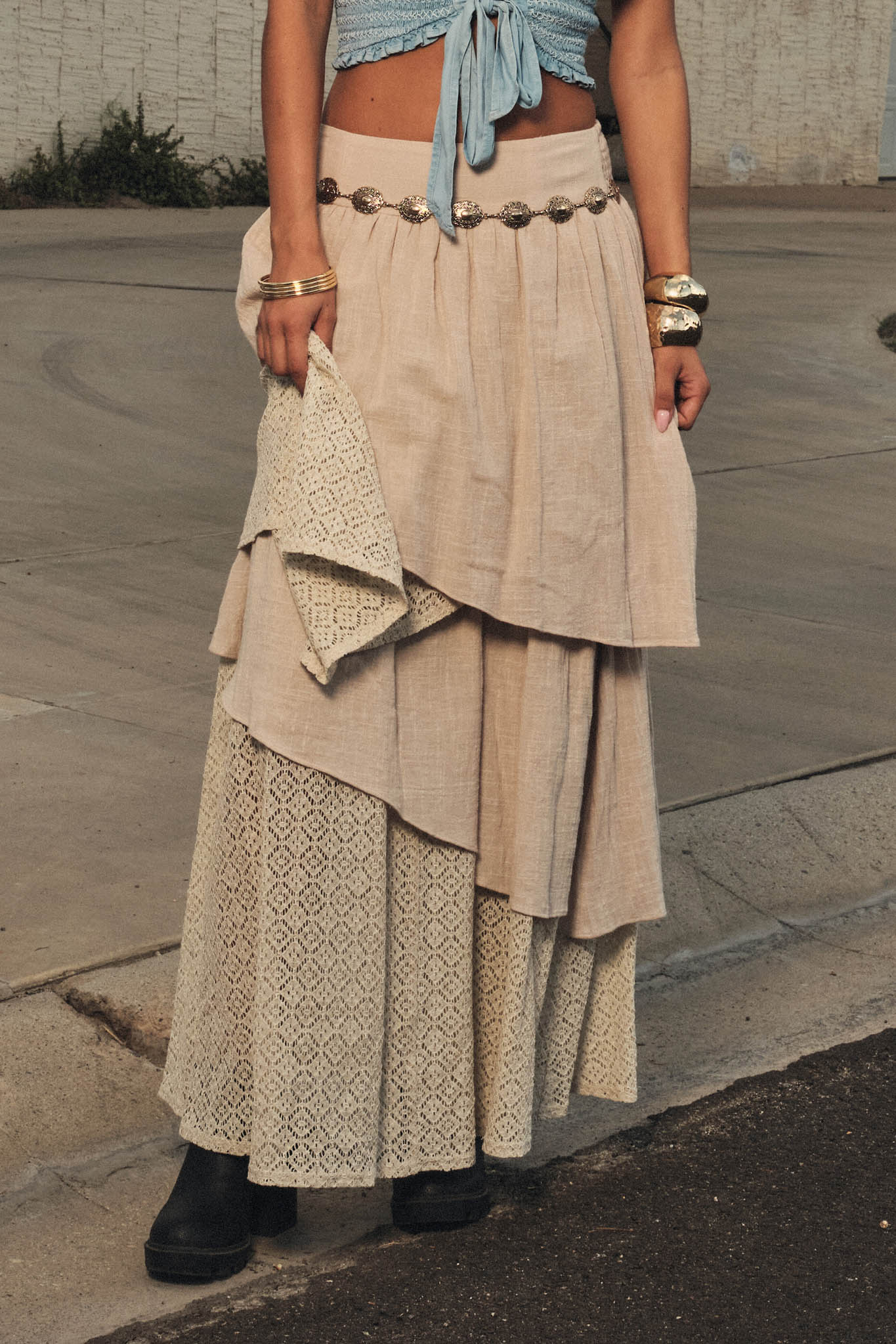 Flow Free Tiered Cotton Gauze and Lace Maxi Skirt
