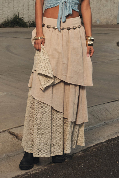 Flow Free Tiered Cotton Gauze and Lace Maxi Skirt