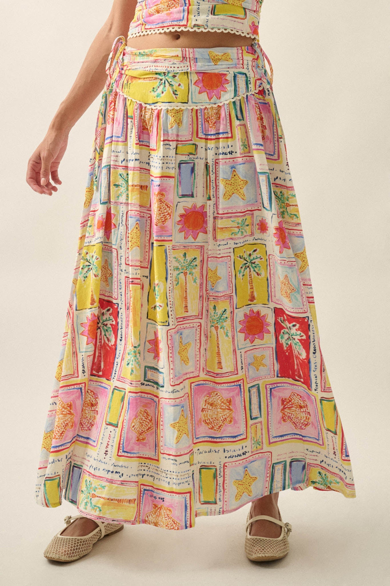 Paradise Isle Tropical-Print Drop-Waist Maxi Skirt