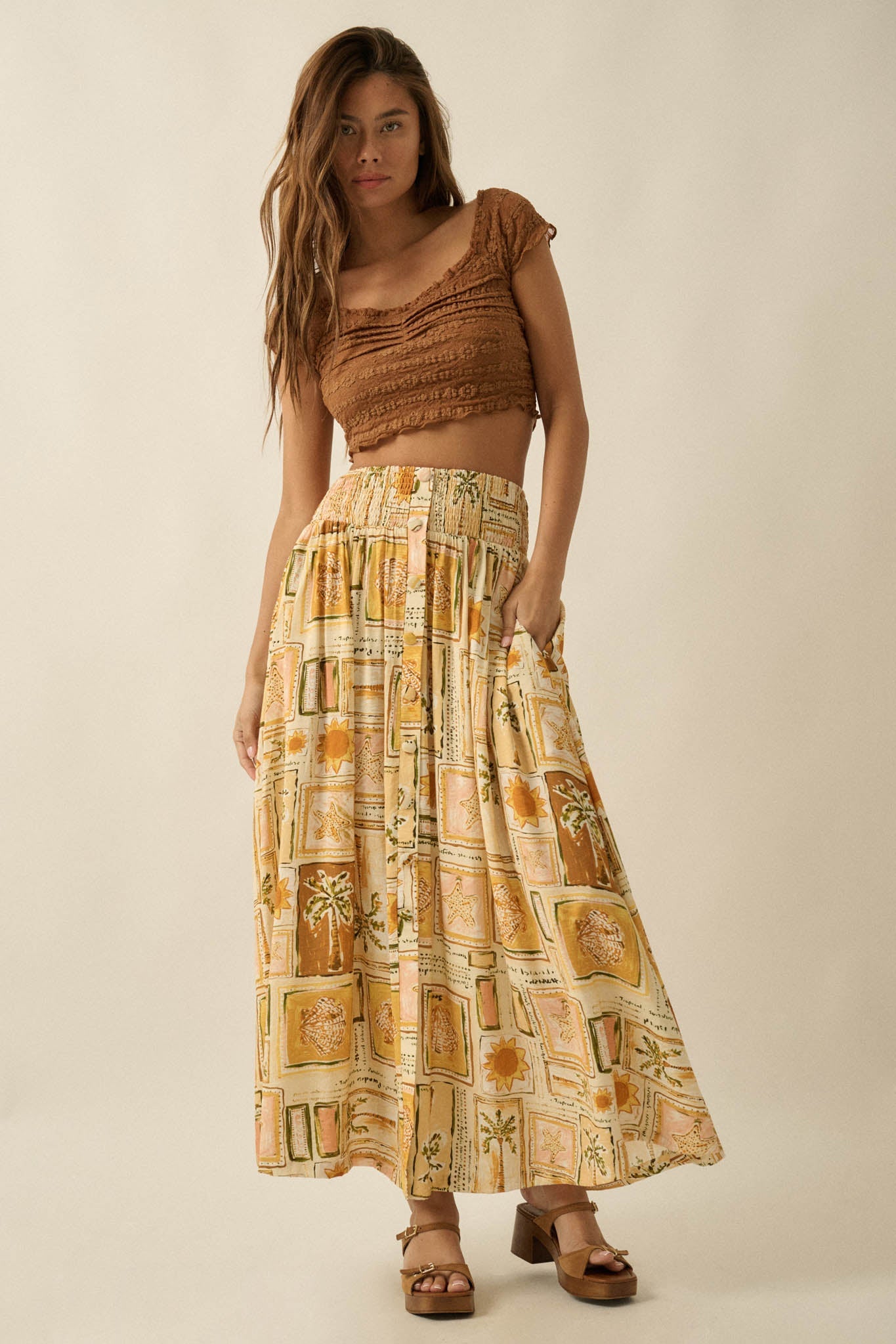 Pure Paradise Tropical-Print Button Maxi Skirt