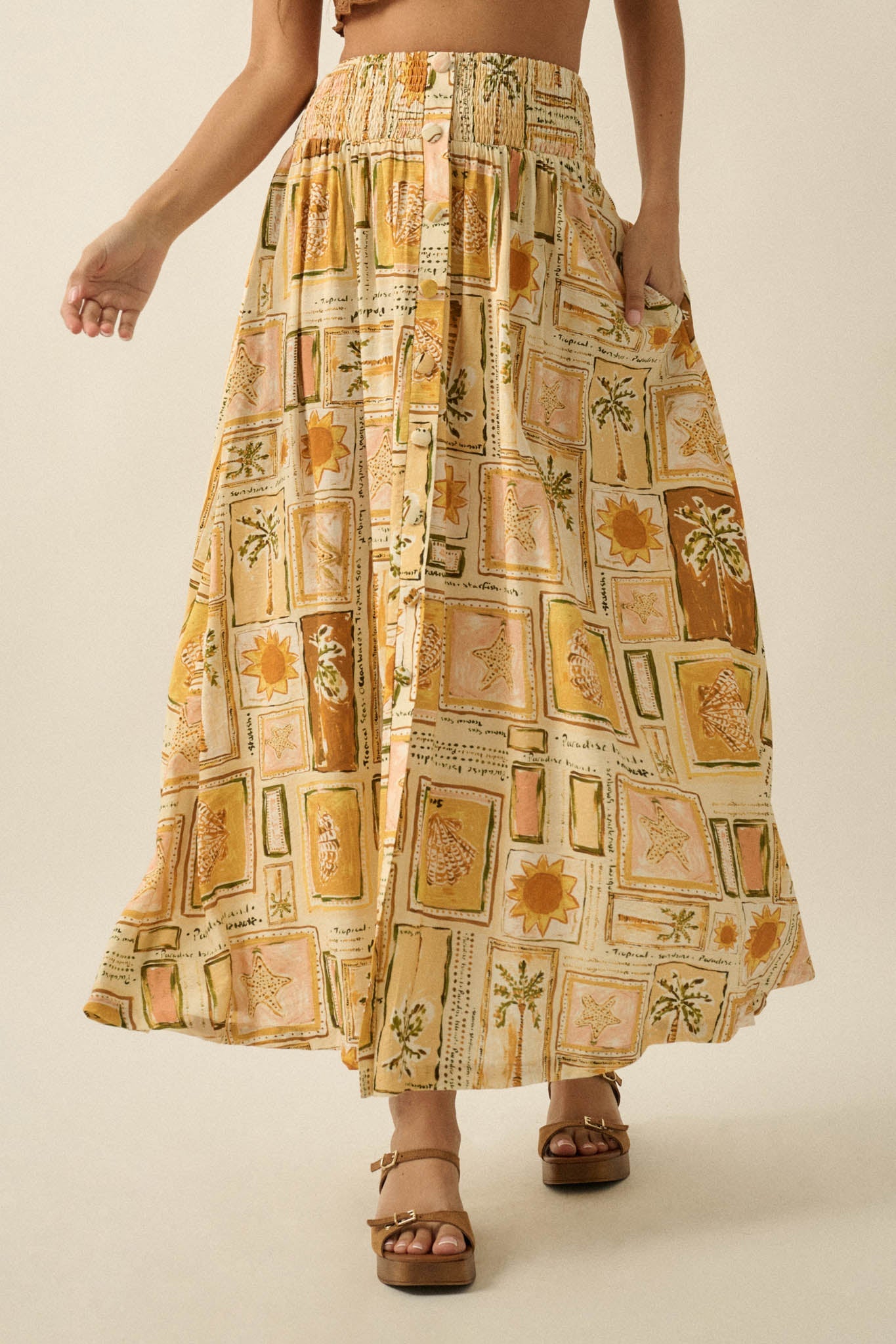 Pure Paradise Tropical-Print Button Maxi Skirt