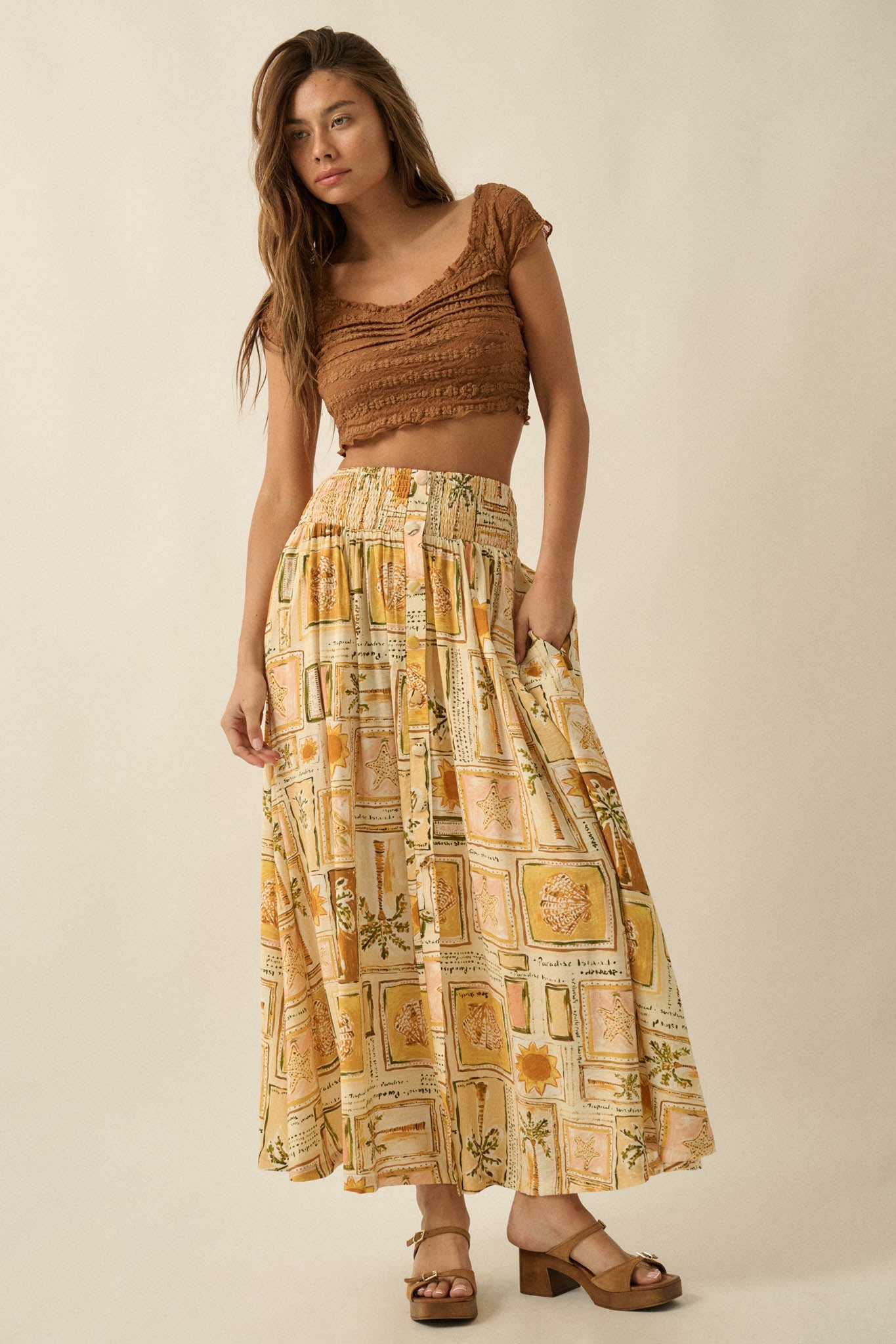 Pure Paradise Tropical-Print Button Maxi Skirt