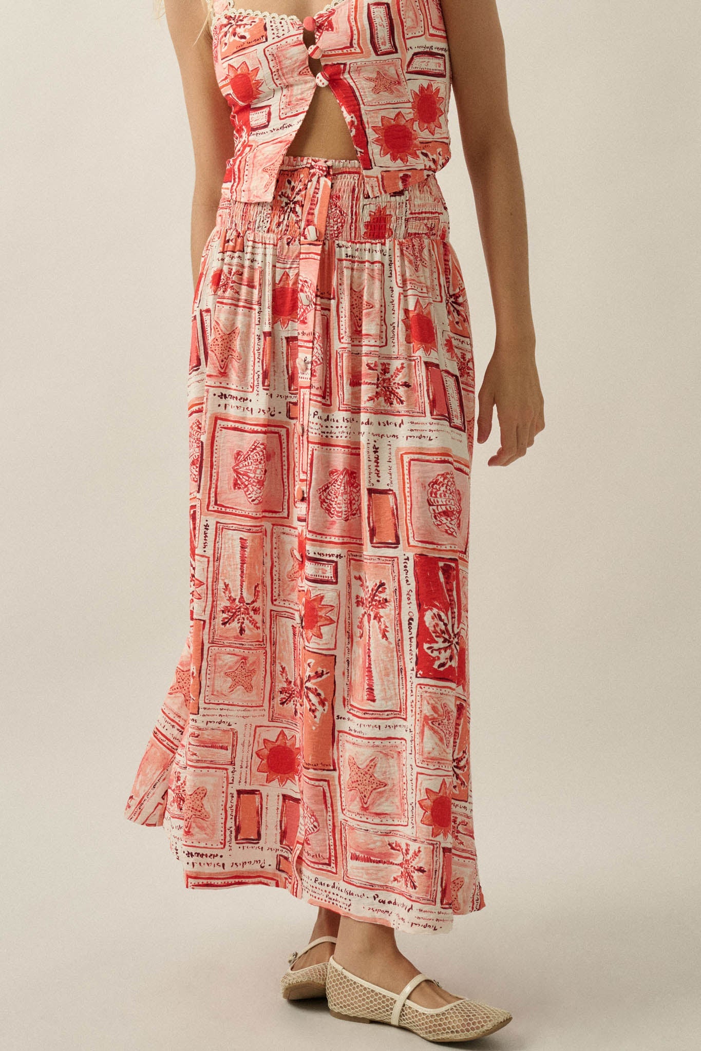 Pure Paradise Tropical-Print Button Maxi Skirt