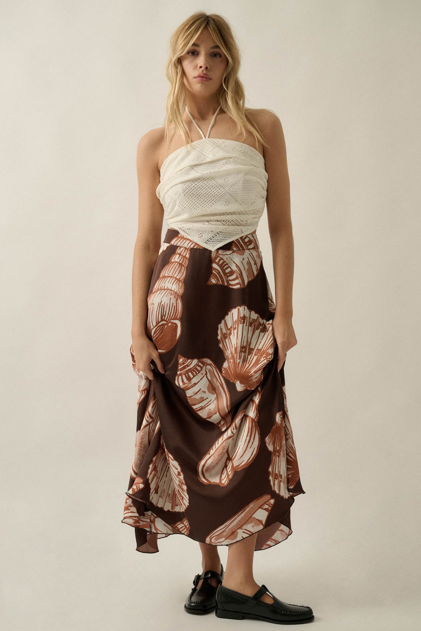 Enchanted Cove Shell-Print Satin A-Line Maxi Skirt