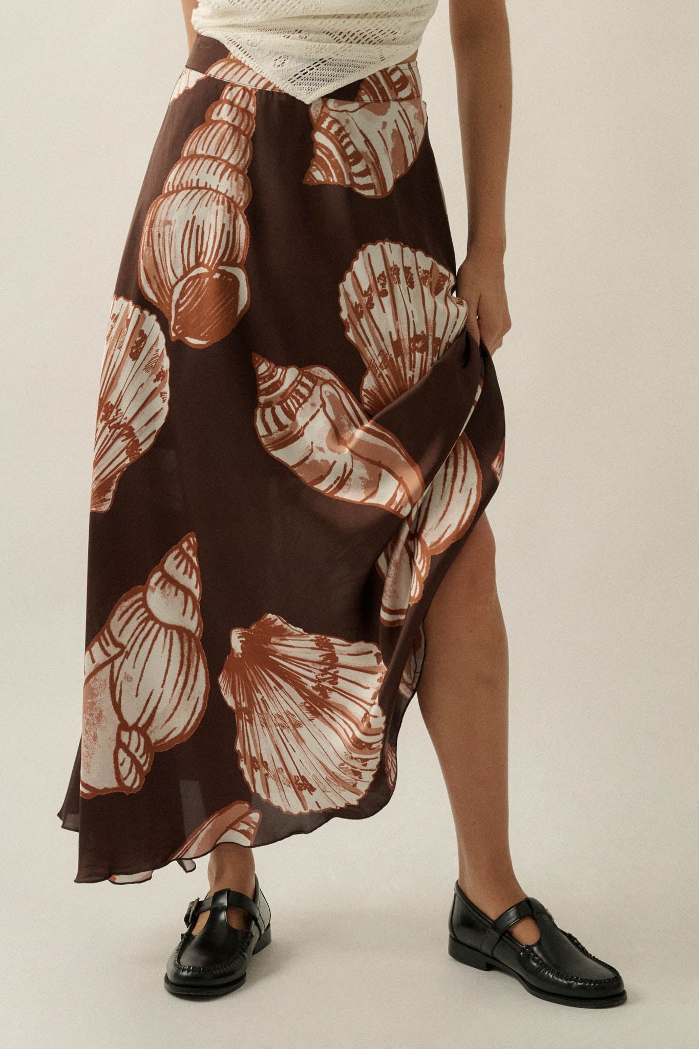 Enchanted Cove Shell-Print Satin A-Line Maxi Skirt