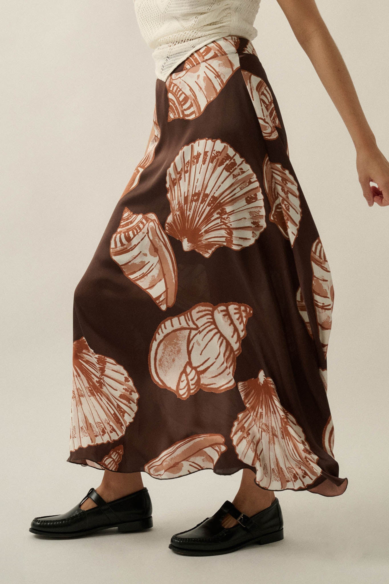 Enchanted Cove Shell-Print Satin A-Line Maxi Skirt