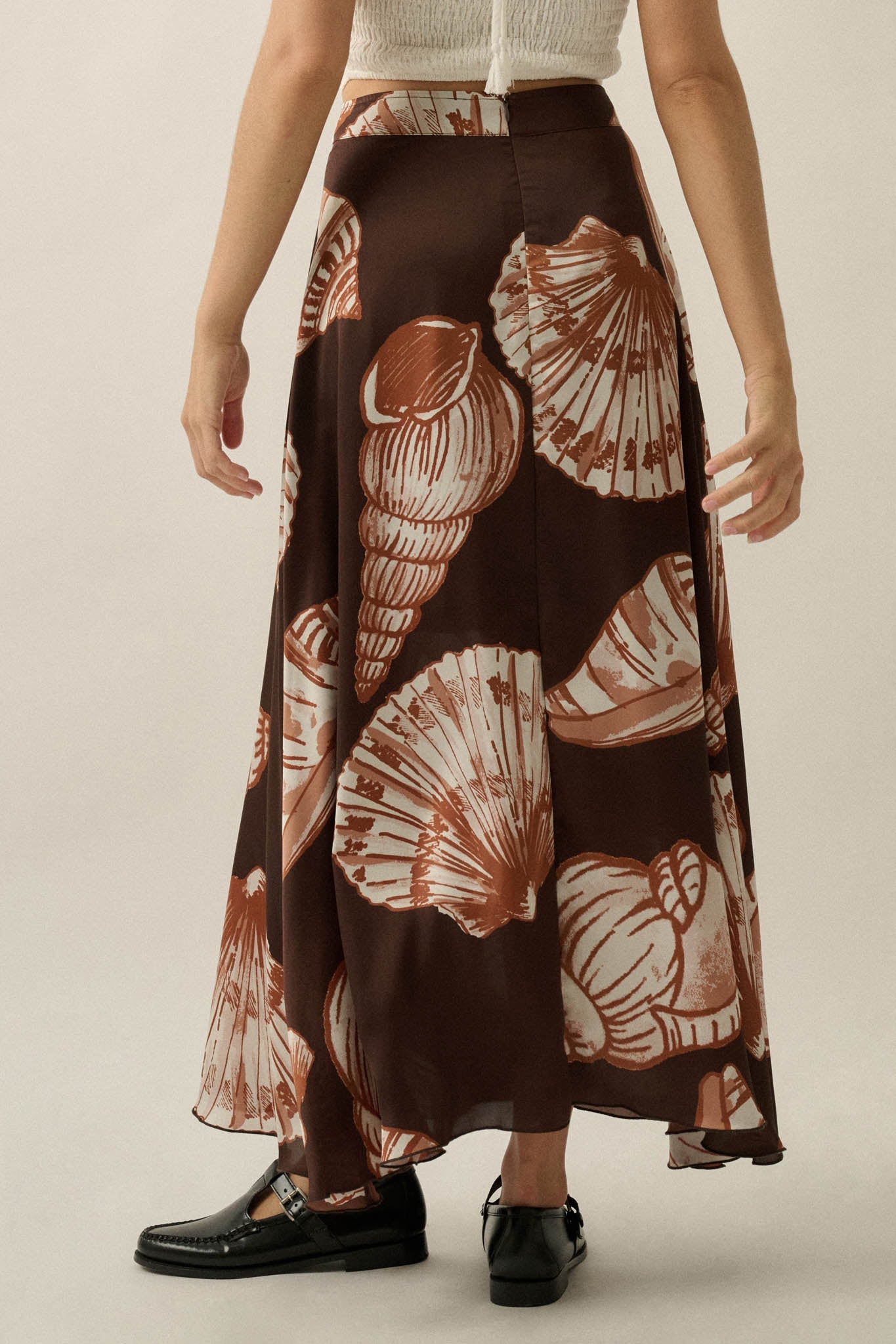 Enchanted Cove Shell-Print Satin A-Line Maxi Skirt