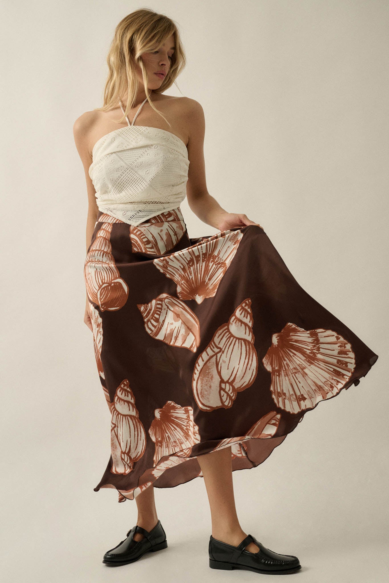 Enchanted Cove Shell-Print Satin A-Line Maxi Skirt