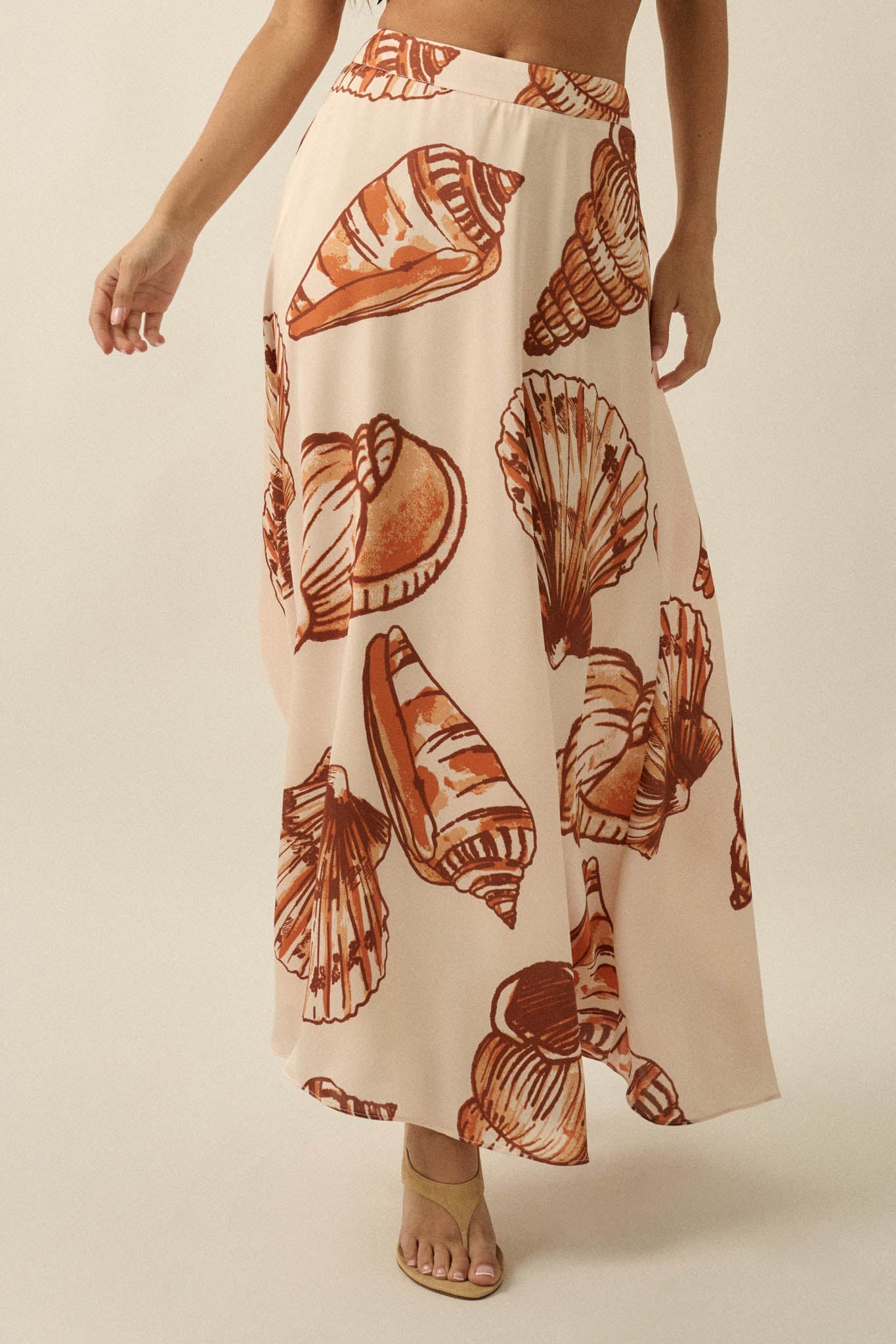 Enchanted Cove Shell-Print Satin A-Line Maxi Skirt