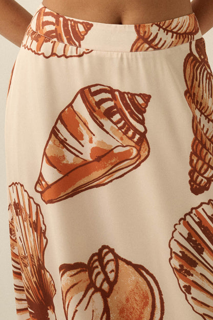 Enchanted Cove Shell-Print Satin A-Line Maxi Skirt