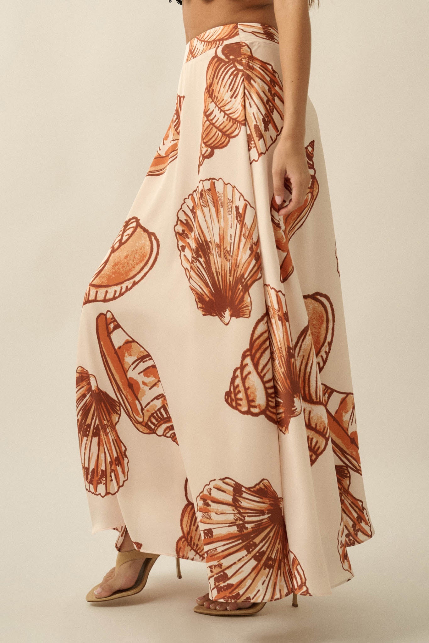 Enchanted Cove Shell-Print Satin A-Line Maxi Skirt