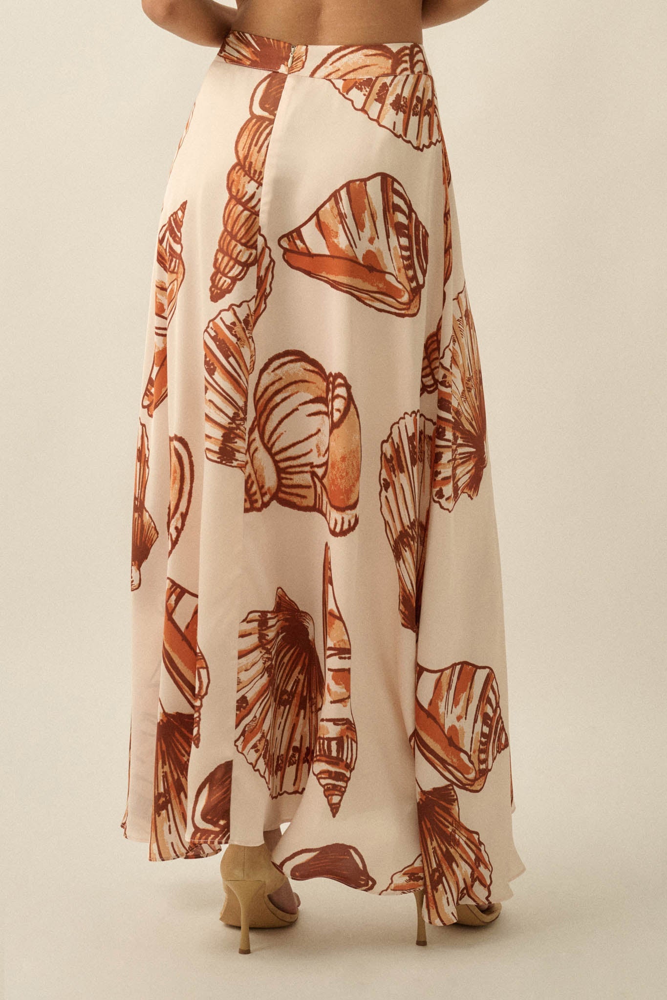 Enchanted Cove Shell-Print Satin A-Line Maxi Skirt