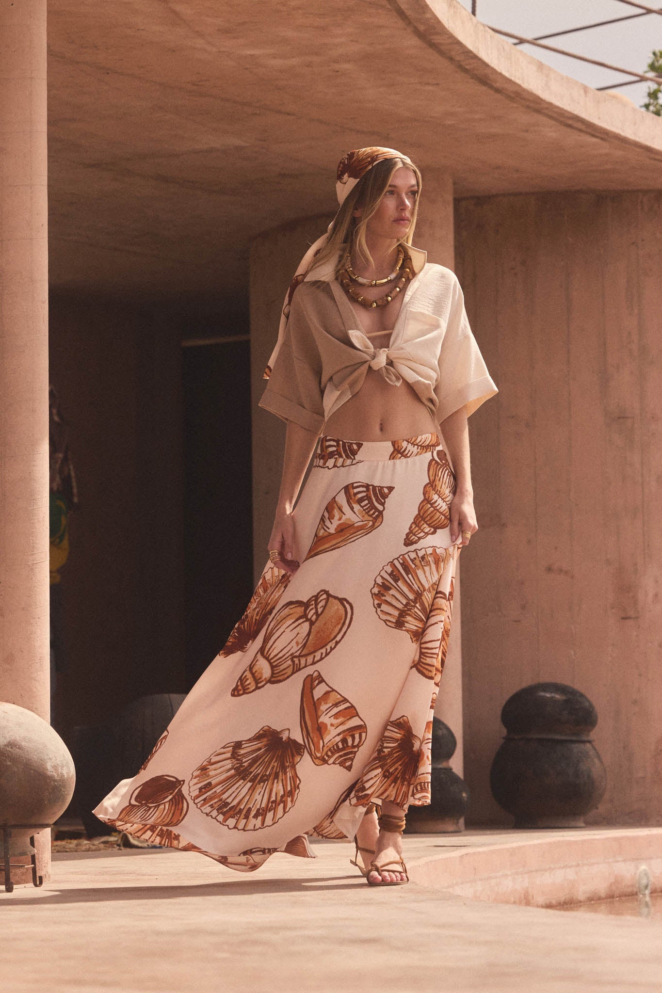 Enchanted Cove Shell-Print Satin A-Line Maxi Skirt