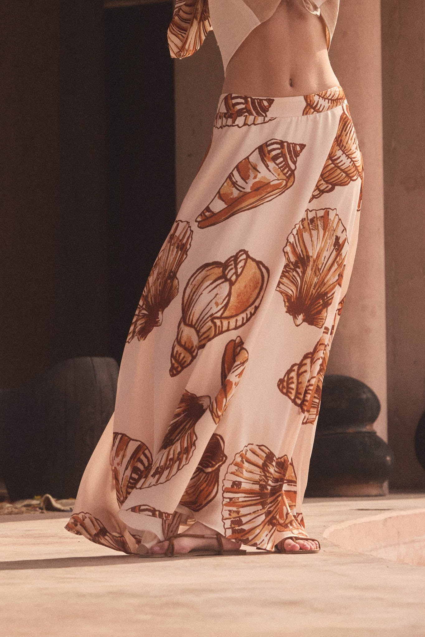 Enchanted Cove Shell-Print Satin A-Line Maxi Skirt