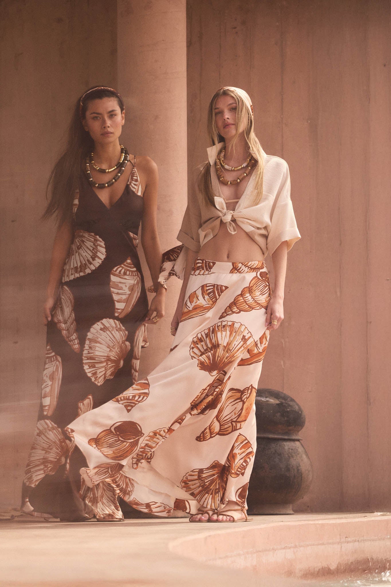 Enchanted Cove Shell-Print Satin A-Line Maxi Skirt