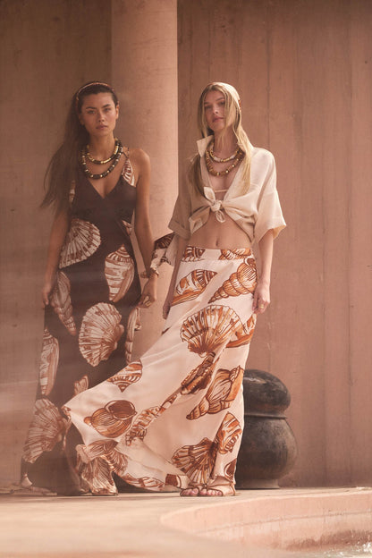 Enchanted Cove Shell-Print Satin A-Line Maxi Skirt