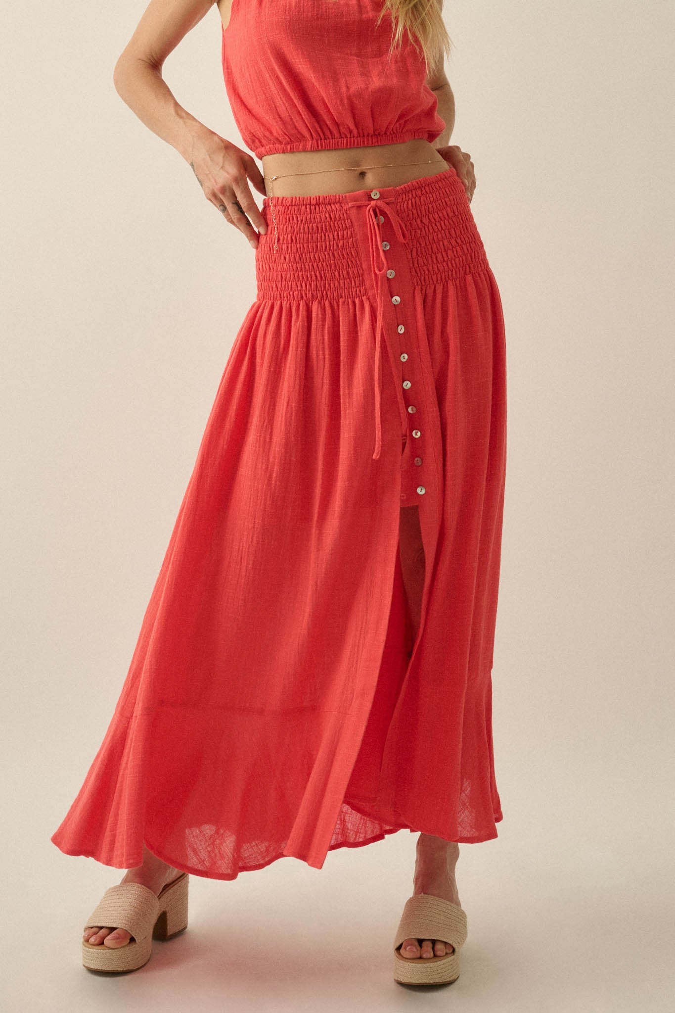 Free As Can Be Cotton Gauze Button-Front Maxi Skirt