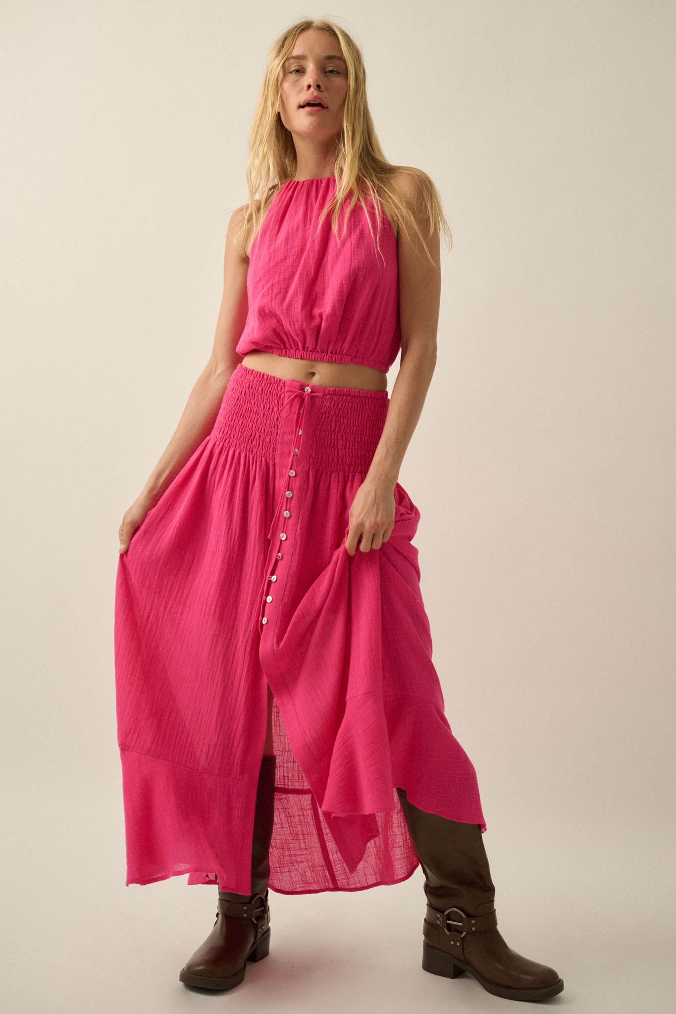 Free As Can Be Cotton Gauze Button-Front Maxi Skirt