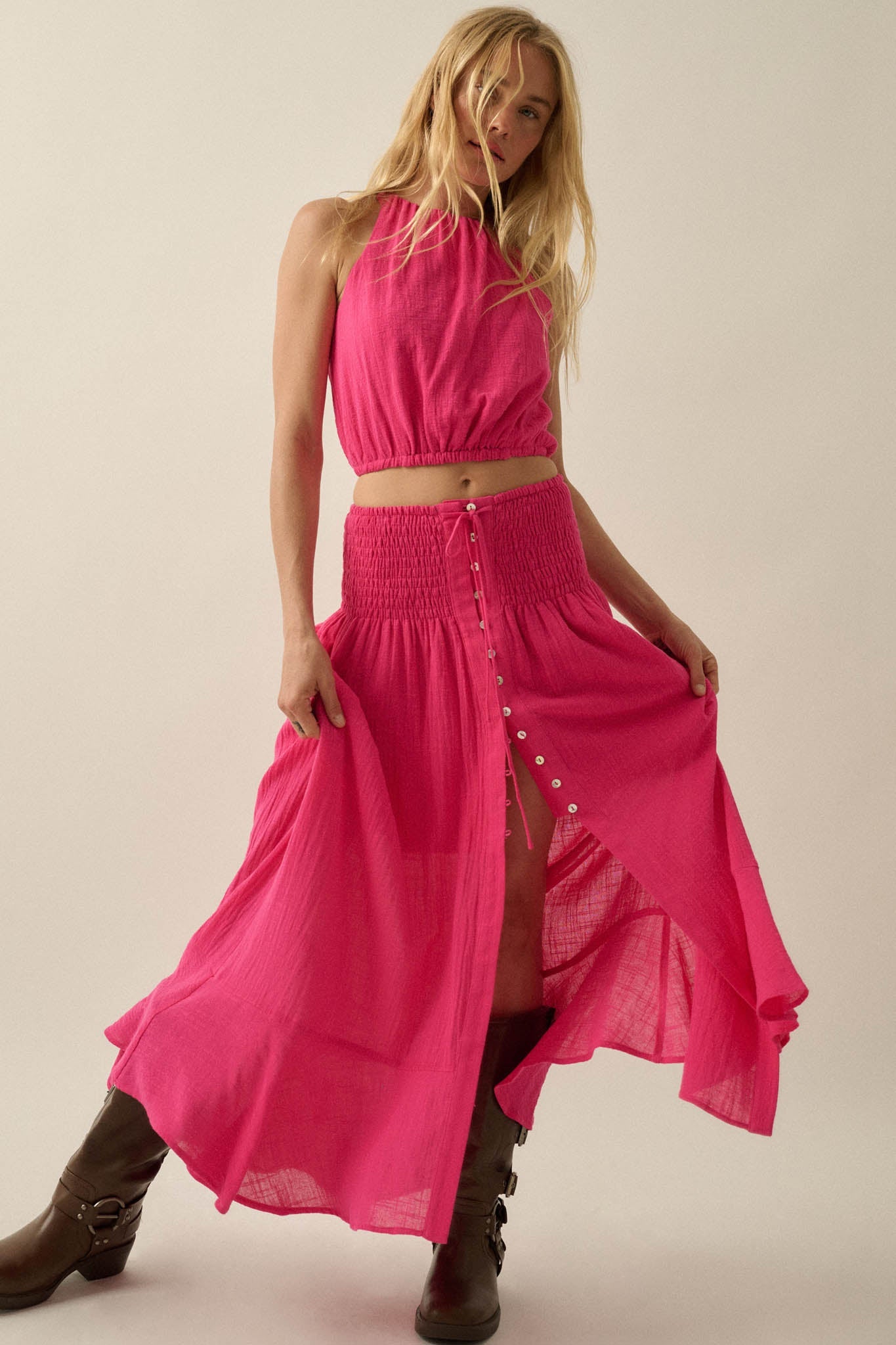Free As Can Be Cotton Gauze Button-Front Maxi Skirt