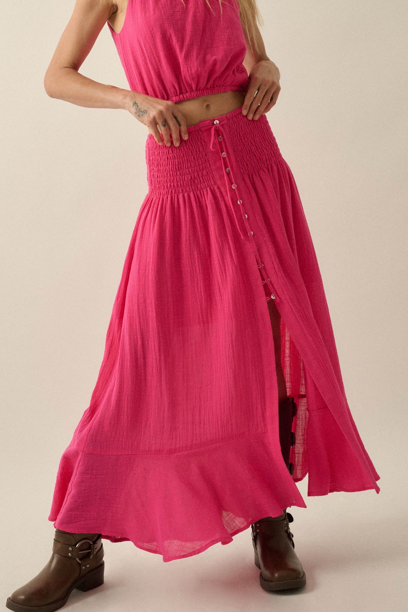 Free As Can Be Cotton Gauze Button-Front Maxi Skirt