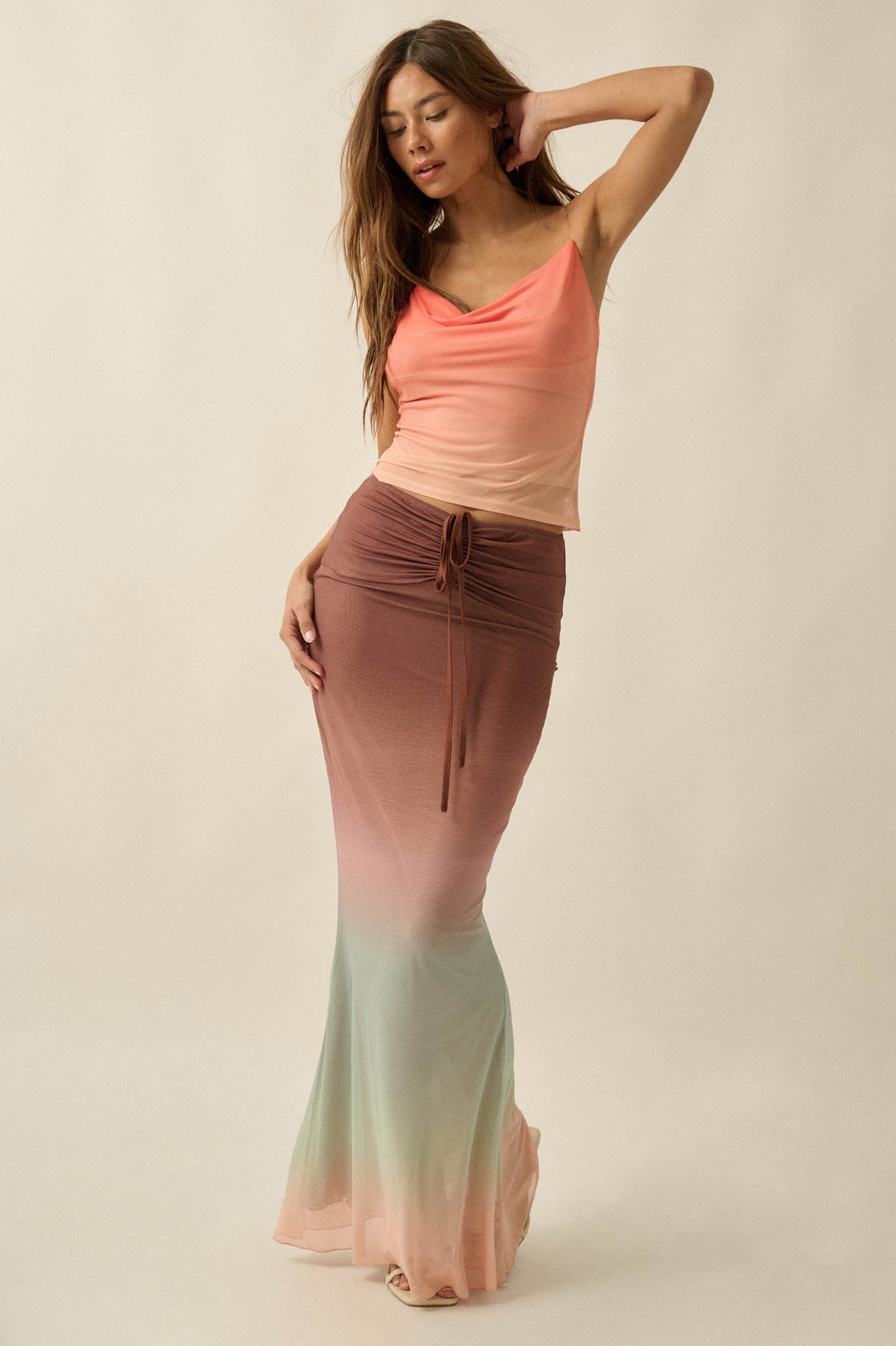Before Sunset Ombre Mesh Ruched Mermaid Maxi Skirt