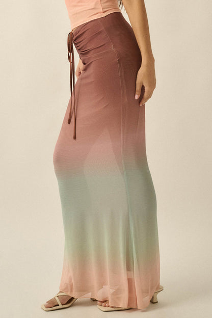 Before Sunset Ombre Mesh Ruched Mermaid Maxi Skirt