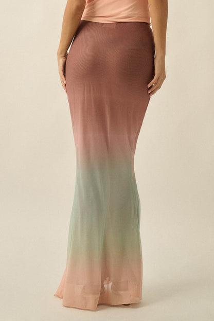 Before Sunset Ombre Mesh Ruched Mermaid Maxi Skirt