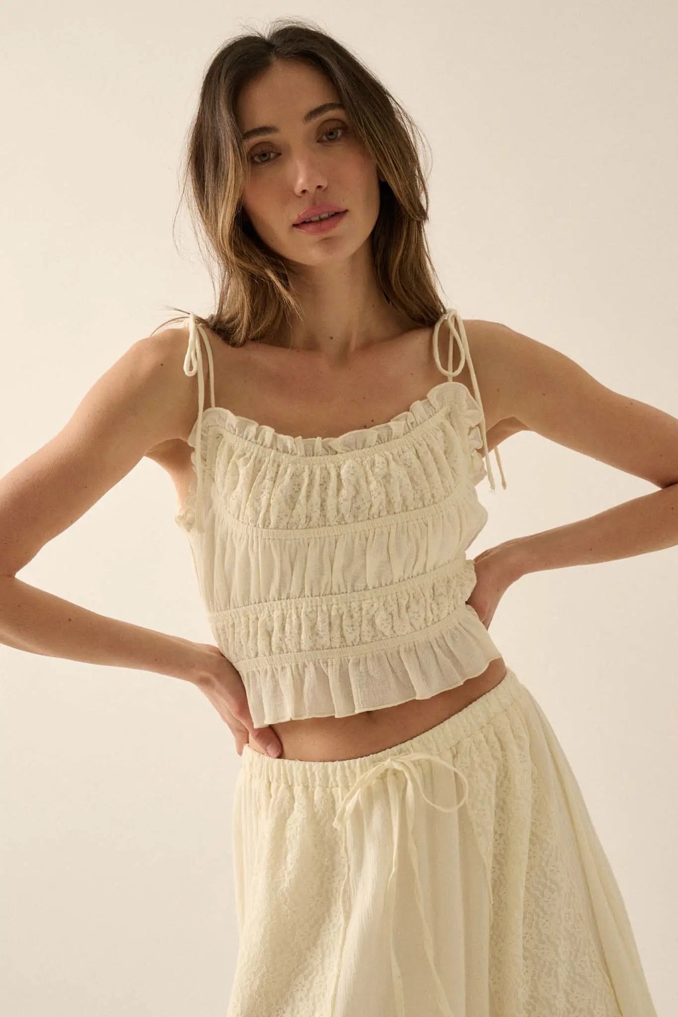 Saving Grace Lace and Cotton Ruffle Cami Top